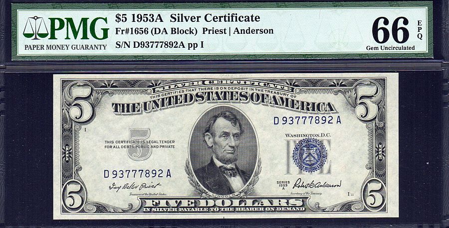 Fr.1656, 1953A $5 Silver Certificate, D-A Block, GemCU, PMG66-EPQ